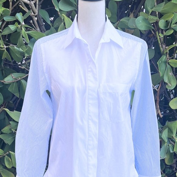 VINCE Striped Color Block White Button Down Shirt Size 2 - Picture 4 of 16